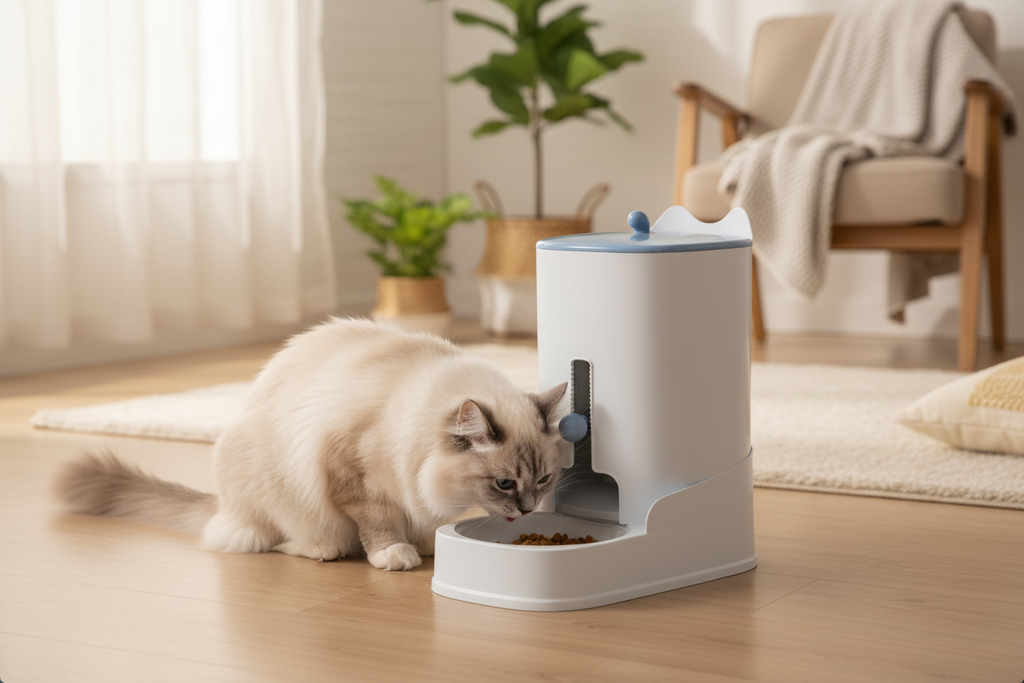 Gatito Ragdoll comiendo del alimentador