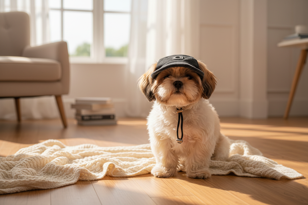 Gorra mascota con perrito en sala