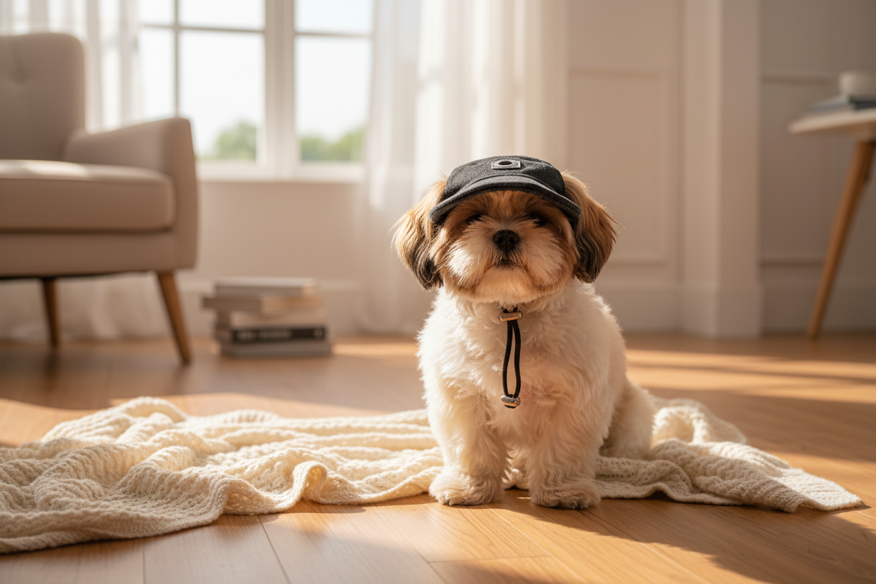 Gorra mascota con perrito en sala