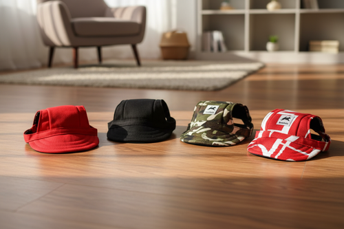 Gorras para mascotas en sala con piso de madera