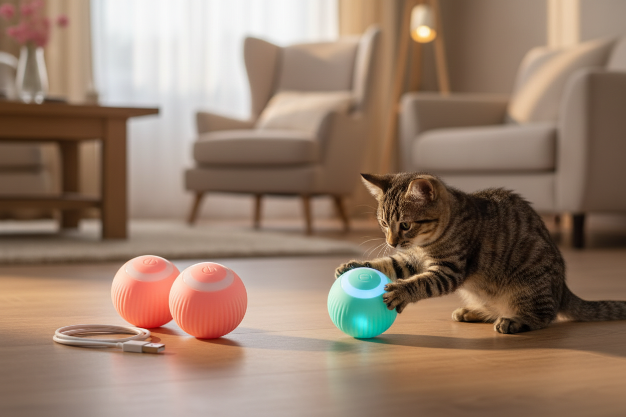 Pelota inteligente con gato en sala